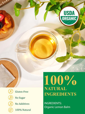 GLDNT hot brew lemon balm tea creates uplifting aroma and smooth taste when steeped.