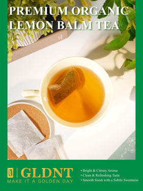 GLDNT lemon balm tea bags closeup leaves highlights natural leaf quality for pure flavor.
