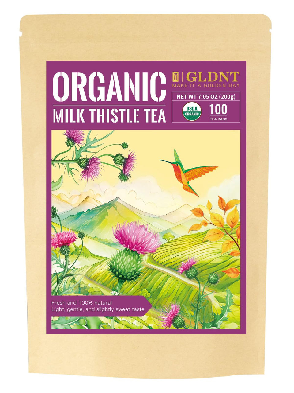 GLDNT Milk Thistle Tea box, premium organic seeds for a mild herbal brew.