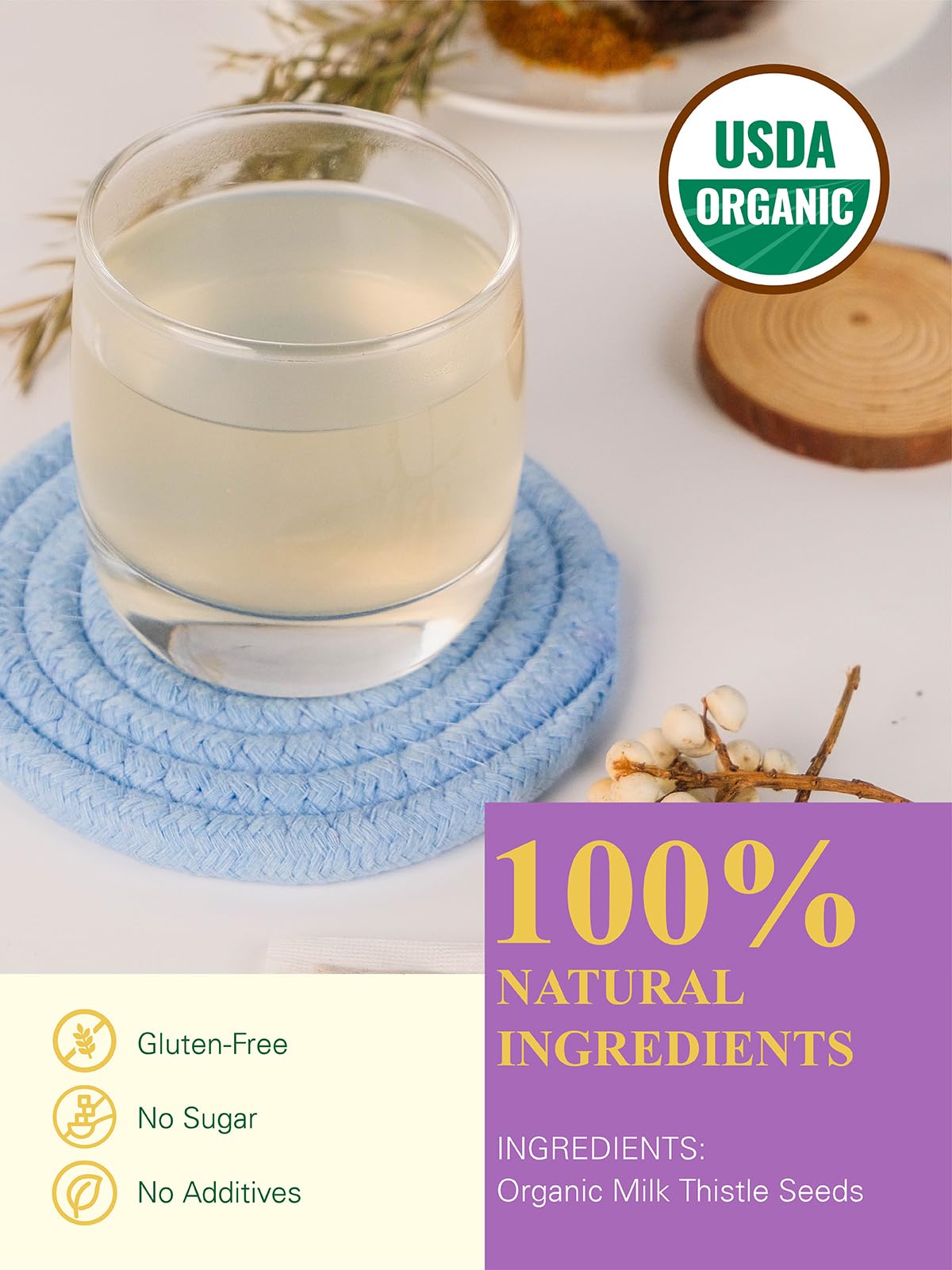 GLDNT resealable kraft pouch reveals fresh, gluten-free, caffeine-free herbal tea.