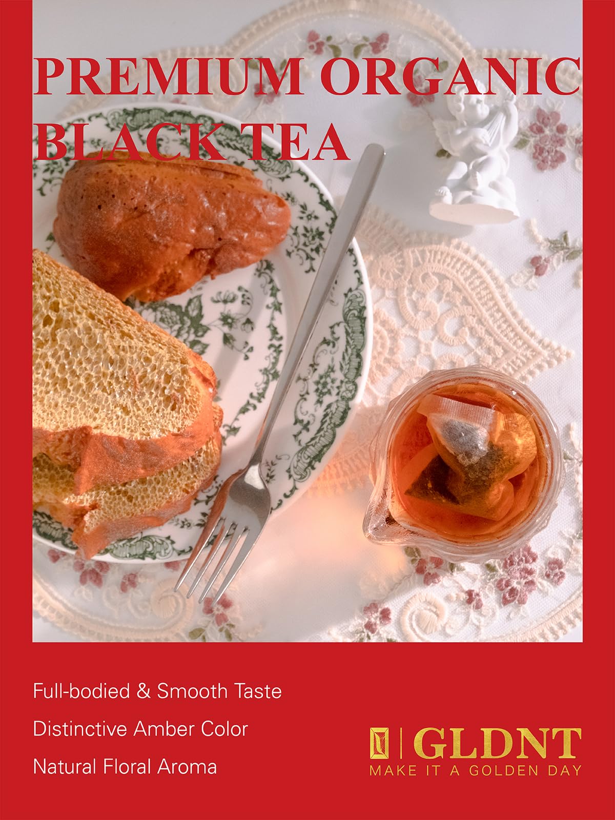 GLDNT Organic Black Tea Bags iced tea glass reveals refreshing flavor.