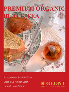 GLDNT Organic Black Tea Bags iced tea glass reveals refreshing flavor.