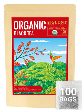 GLDNT Organic Black Tea Bags in packaging for freshness and easy storage.