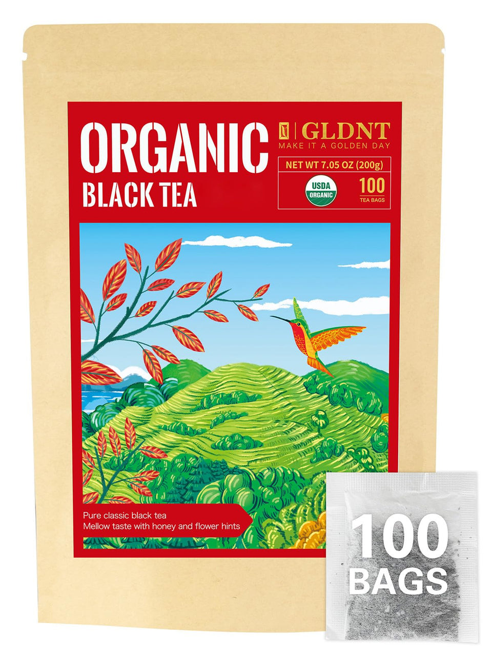 GLDNT Organic Black Tea Bags in packaging for freshness and easy storage.