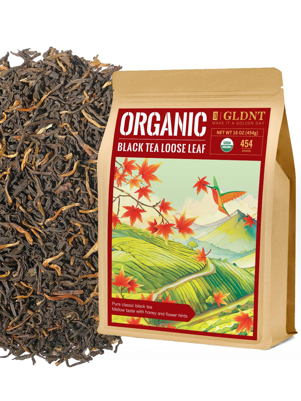GLDNT organic black tea loose leaf delivers full-bodied flavor for hot or iced tea.