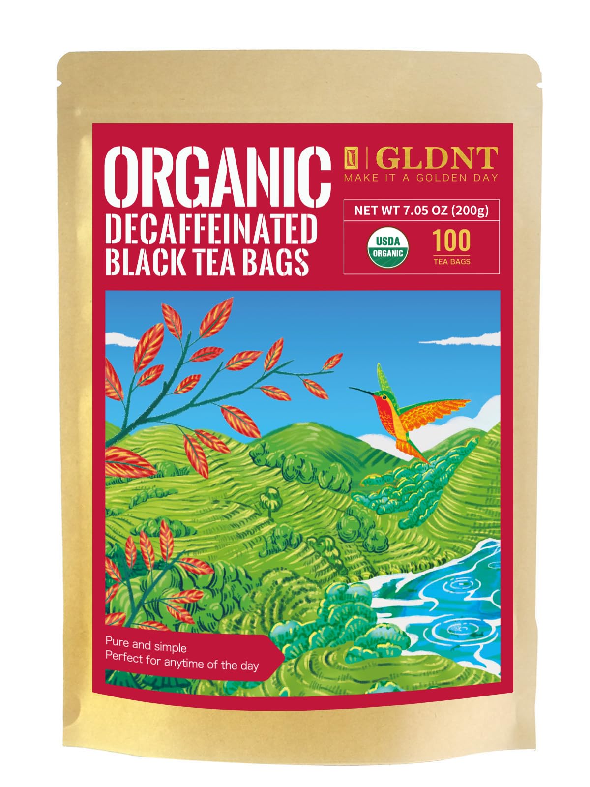 GLDNT organic decaf tea bags in a pack for smooth flavor