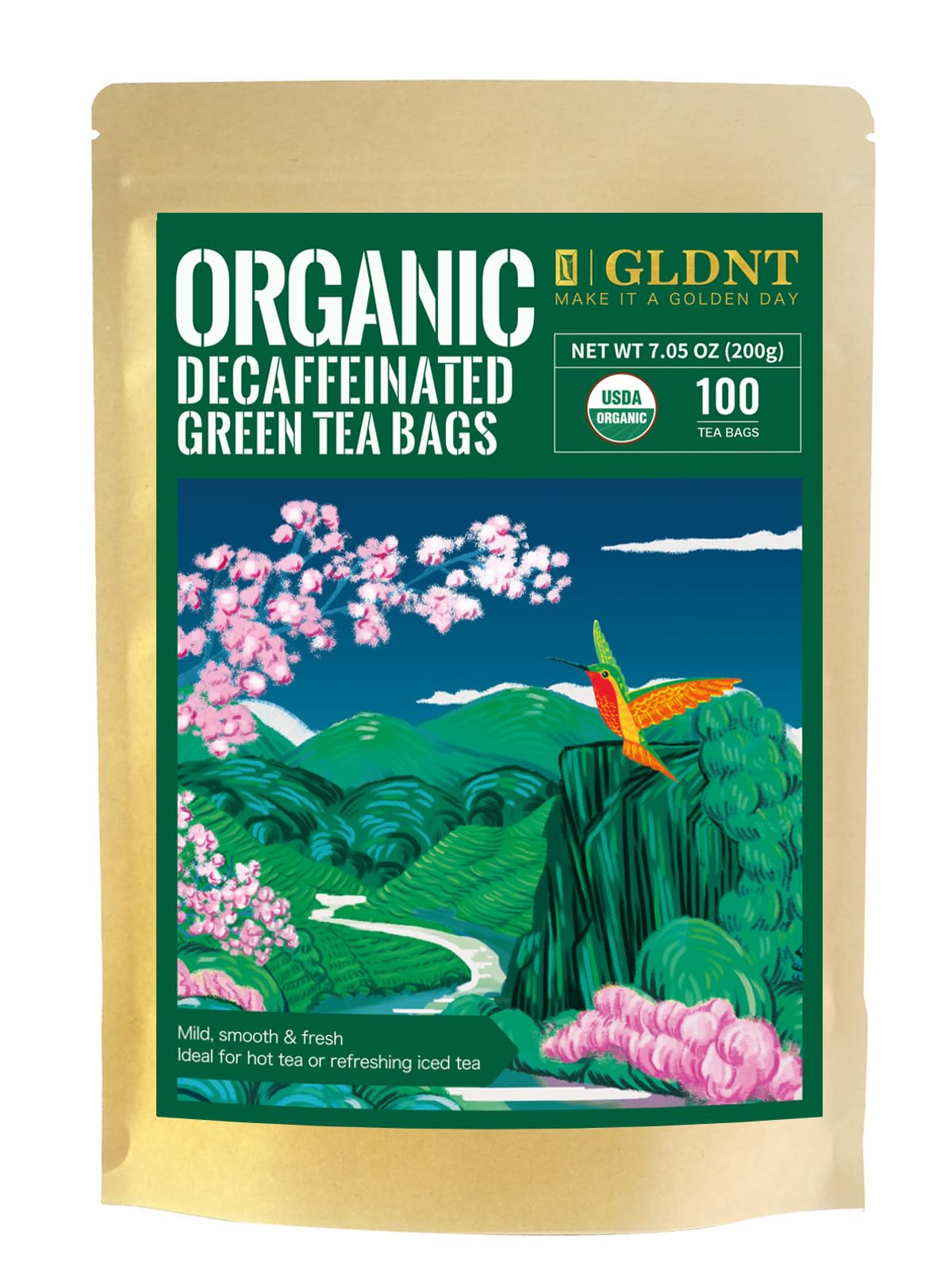 GLDNT Organic Decaf Green Tea Bags packaging highlighting non-GMO, compostable bags.