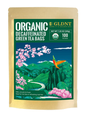 GLDNT Organic Decaf Green Tea Bags packaging highlighting non-GMO, compostable bags.