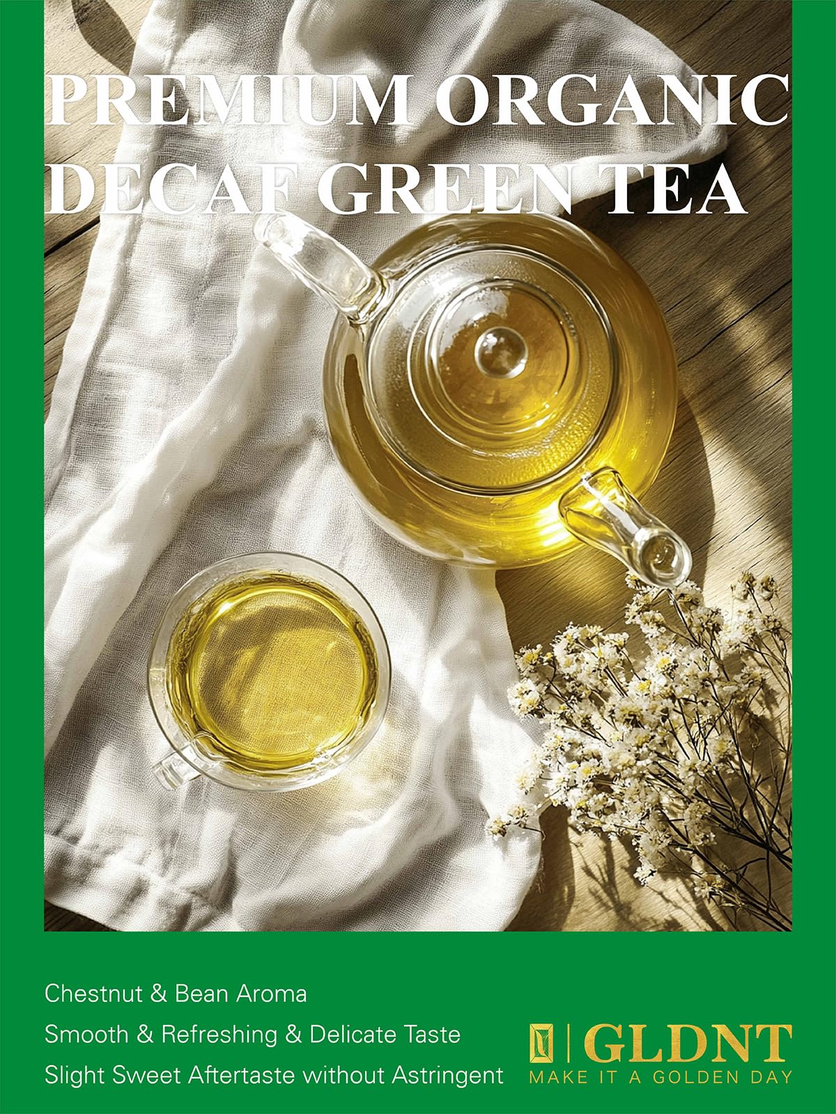 GLDNT decaf green tea in a glass mug highlighting smooth notes.