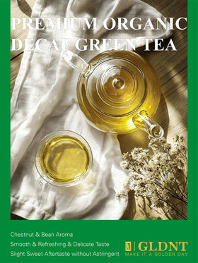 GLDNT decaf green tea in a glass mug highlighting smooth notes.