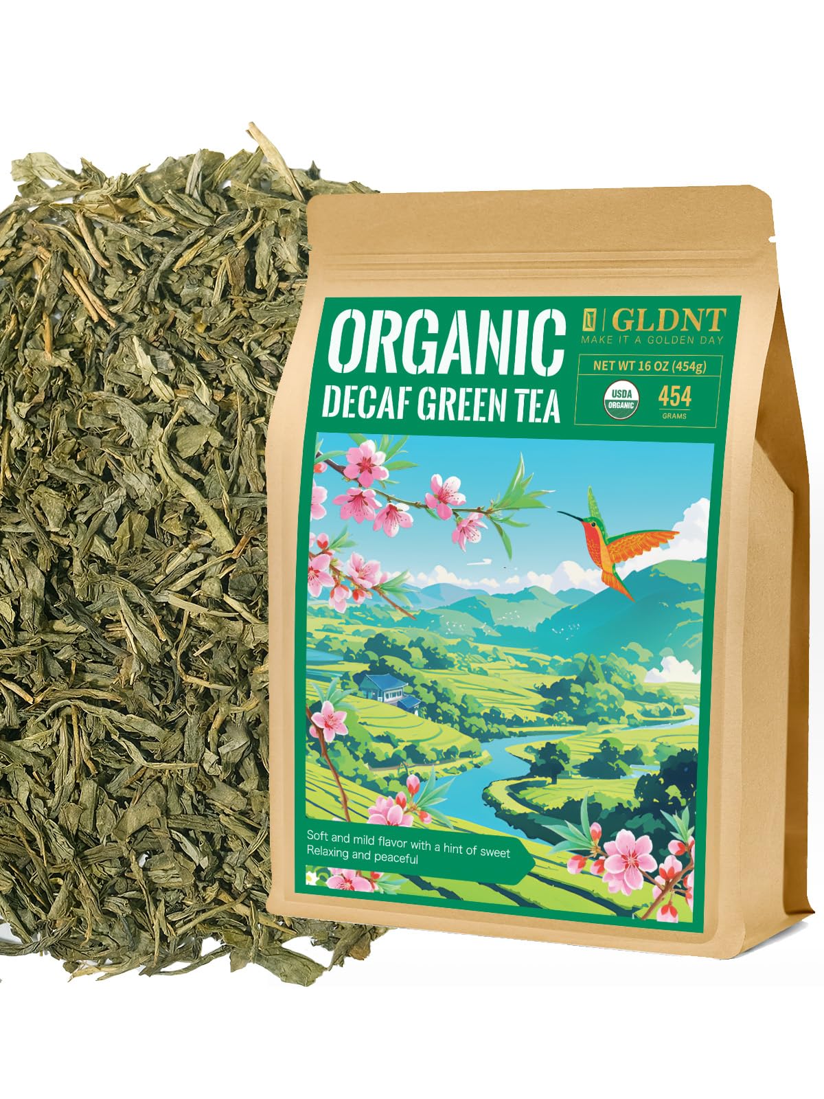 GLDNT Organic Decaf Green Tea leaves for a fresh, flavorful brew.