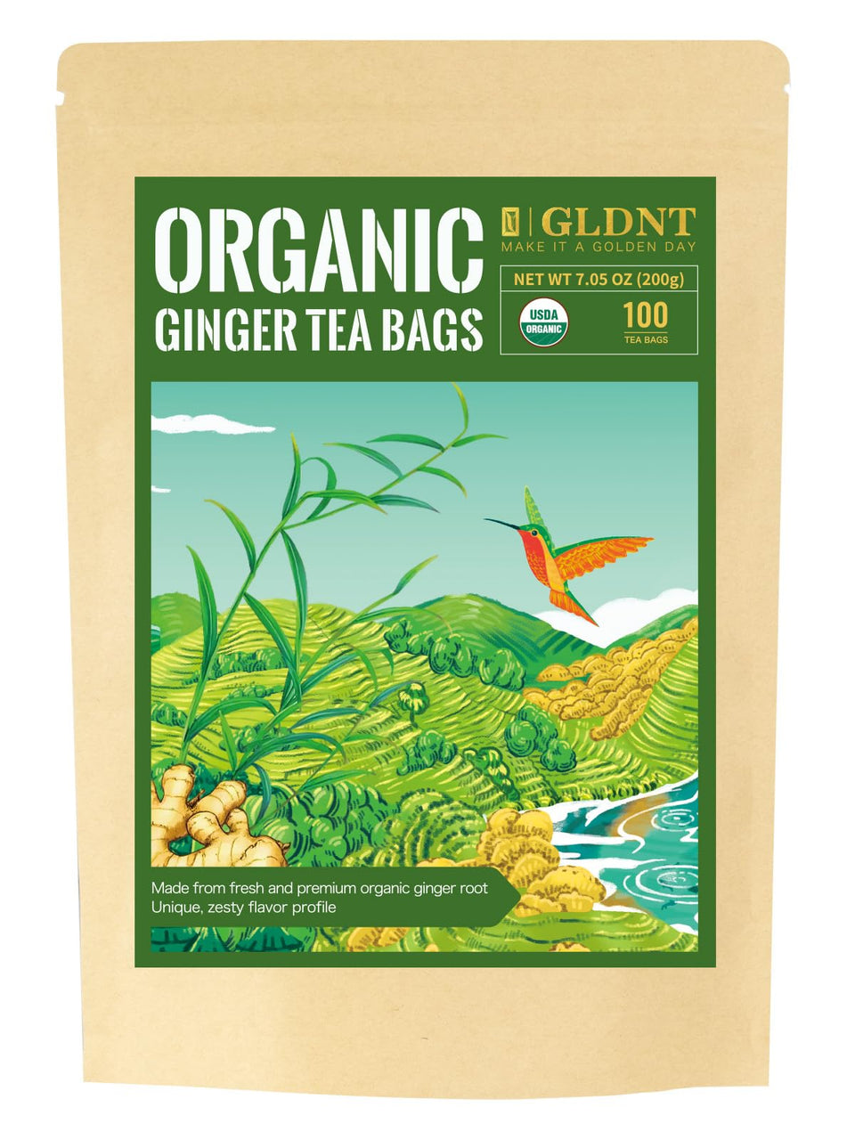 GLDNT organic ginger tea bags in a pack show fresh, spicy aroma for daily rituals.
