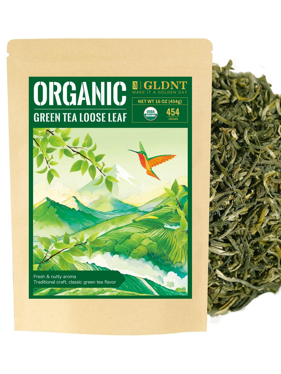 GLDNT Organic Green Tea leaves close-up, highlighting freshness for a clean brew.