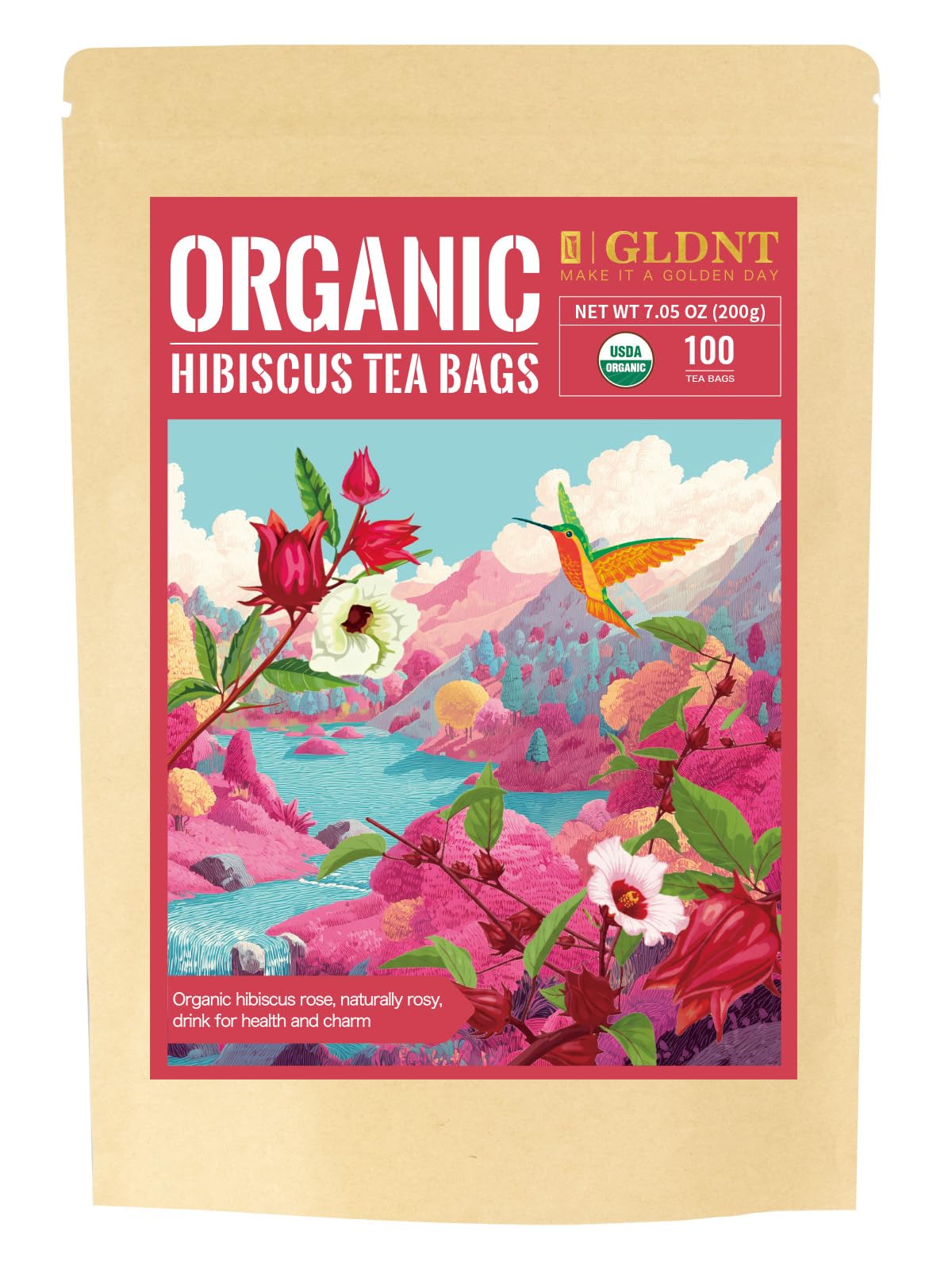 GLDNT hibiscus tea bag showcasing ruby color, ideal for refreshing iced tea