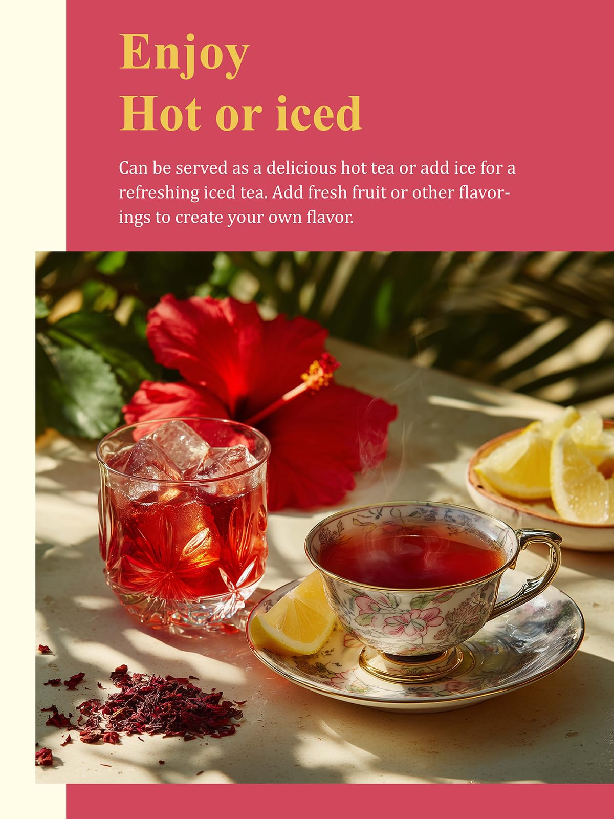 GLDNT hibiscus tea cup highlighting tart flavor in a hot brew