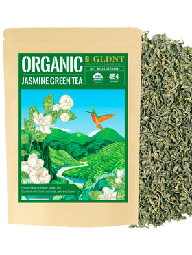 GLDNT Organic Jasmine Green Tea packaging highlights fresh loose leaf quality for daily ritual.