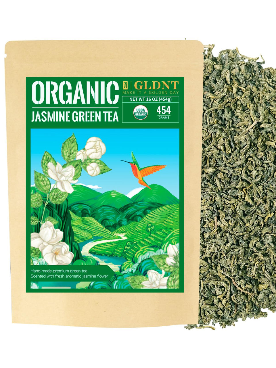 GLDNT Organic Jasmine Green Tea packaging highlights fresh loose leaf quality for daily ritual.