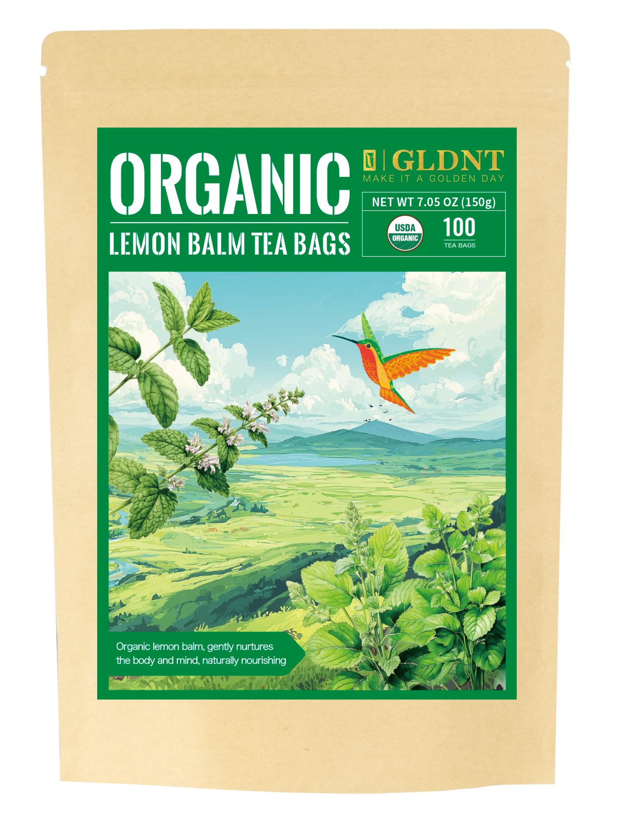 GLDNT organic lemon balm tea bags packaging showcases eco-conscious design for fresh, everyday tea.