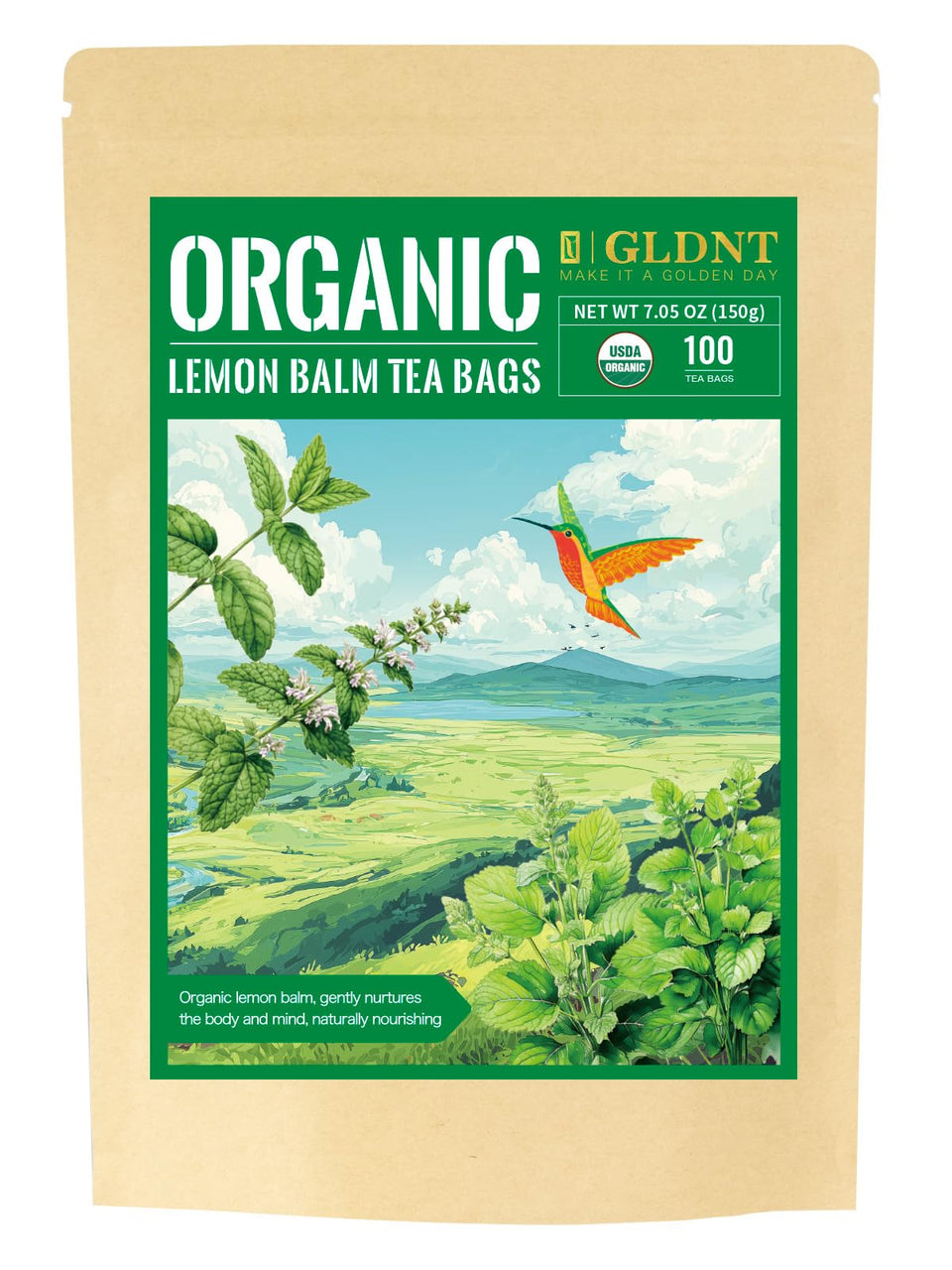 GLDNT organic lemon balm tea bags packaging showcases eco-conscious design for fresh, everyday tea.