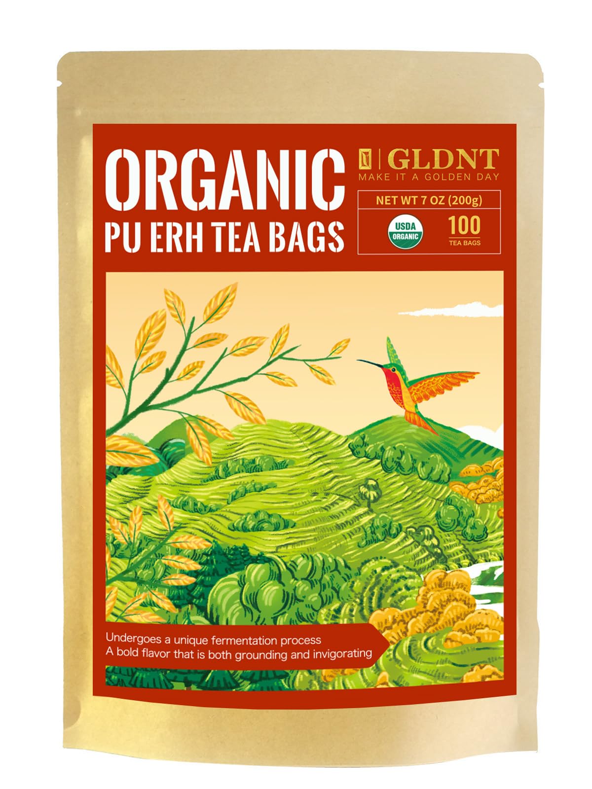 GLDNT Organic Pu-erh tea bags packaging highlights eco-friendly design for sustainable tea rituals.