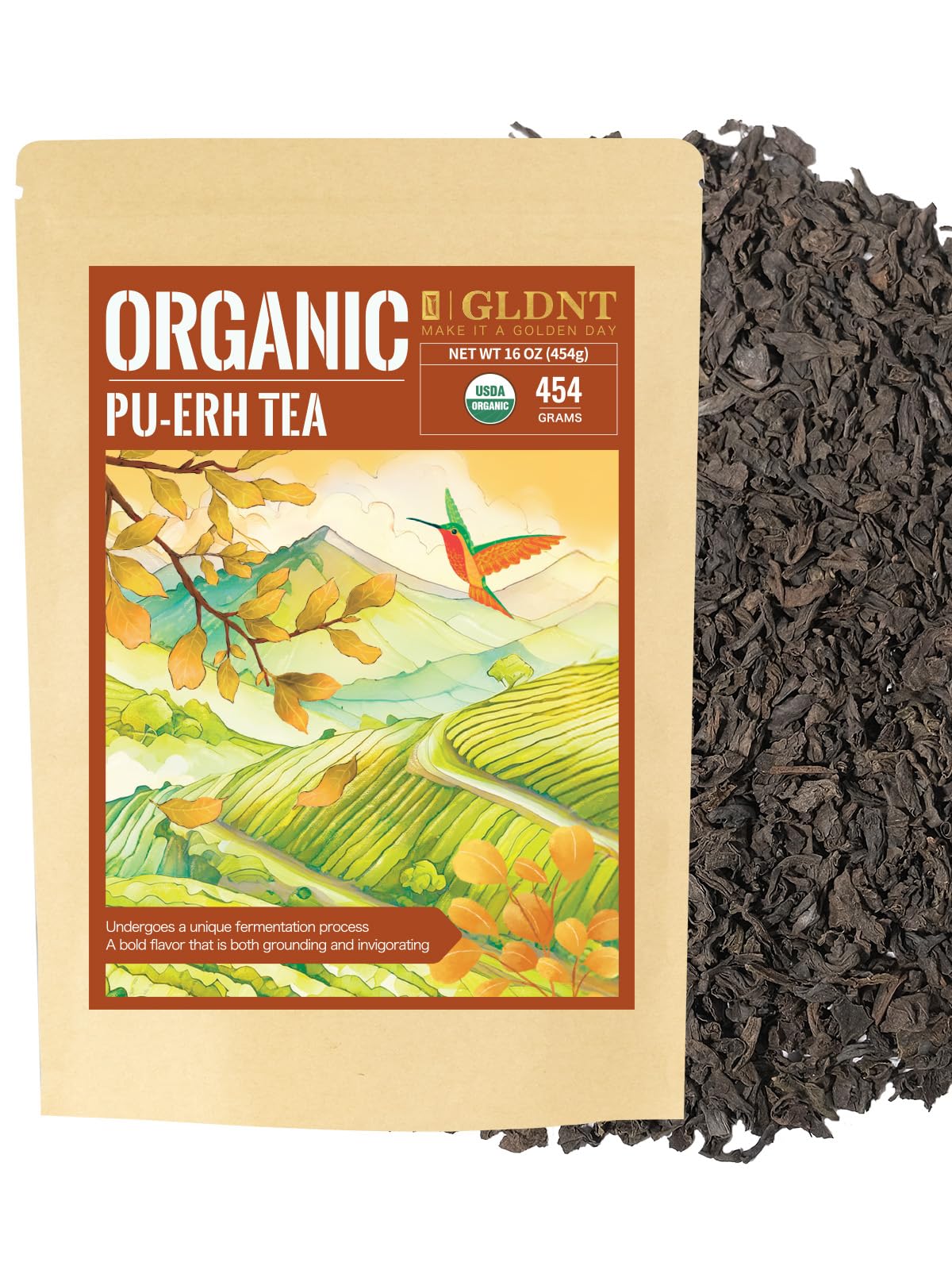 GLDNT Organic Pu'erh tea loose leaf in view, ideal for a rich, customizable cup.