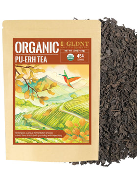 GLDNT Organic Pu'erh tea loose leaf in view, ideal for a rich, customizable cup.