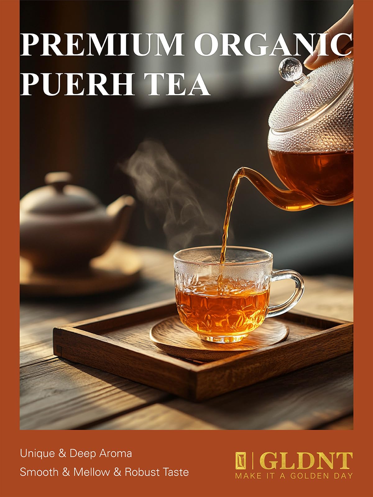 GLDNT Pu'erh tea brewed cup with steam promises a warming moment.