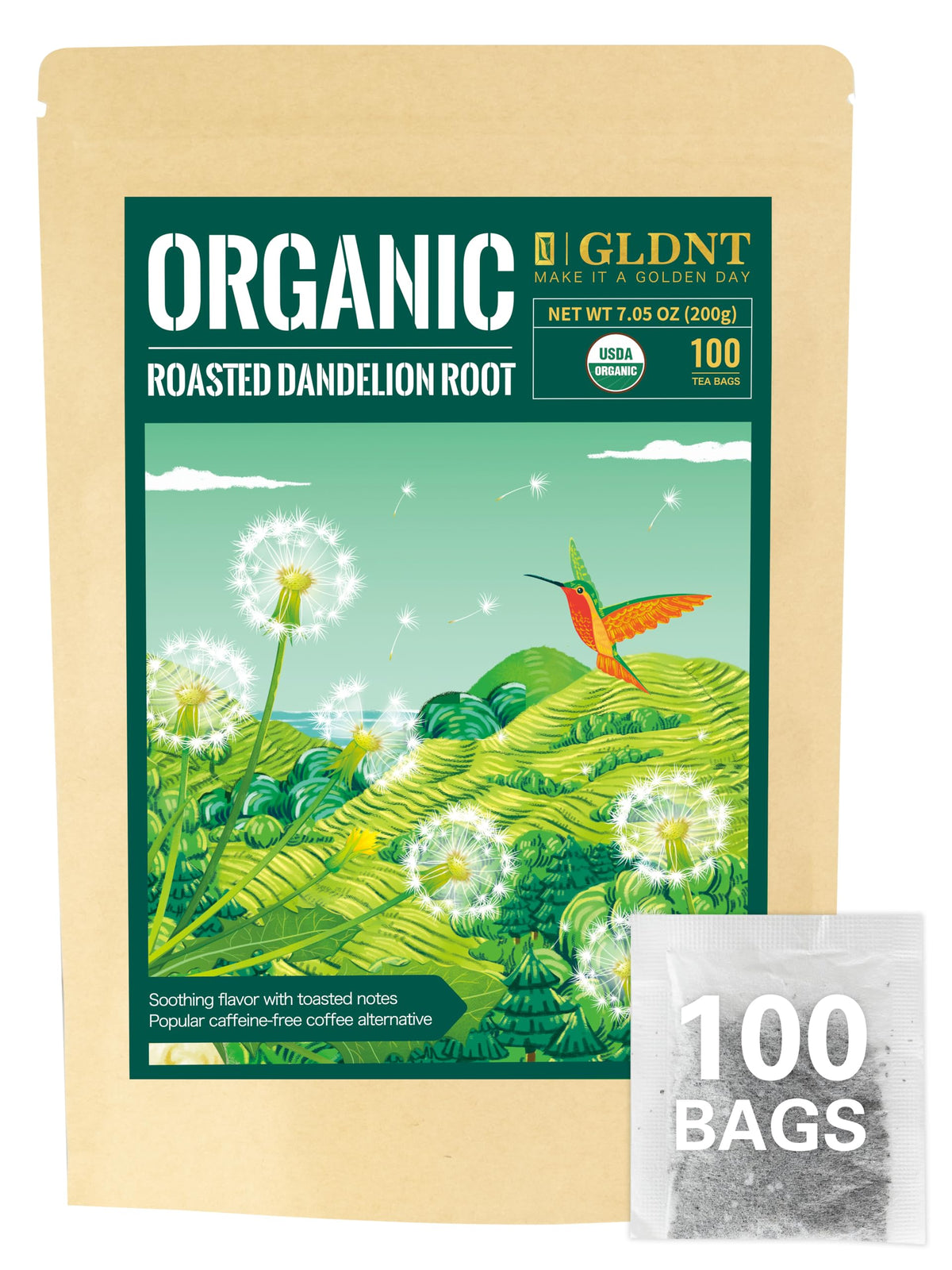 GLDNT roasted dandelion tea bags pack for easy brewing