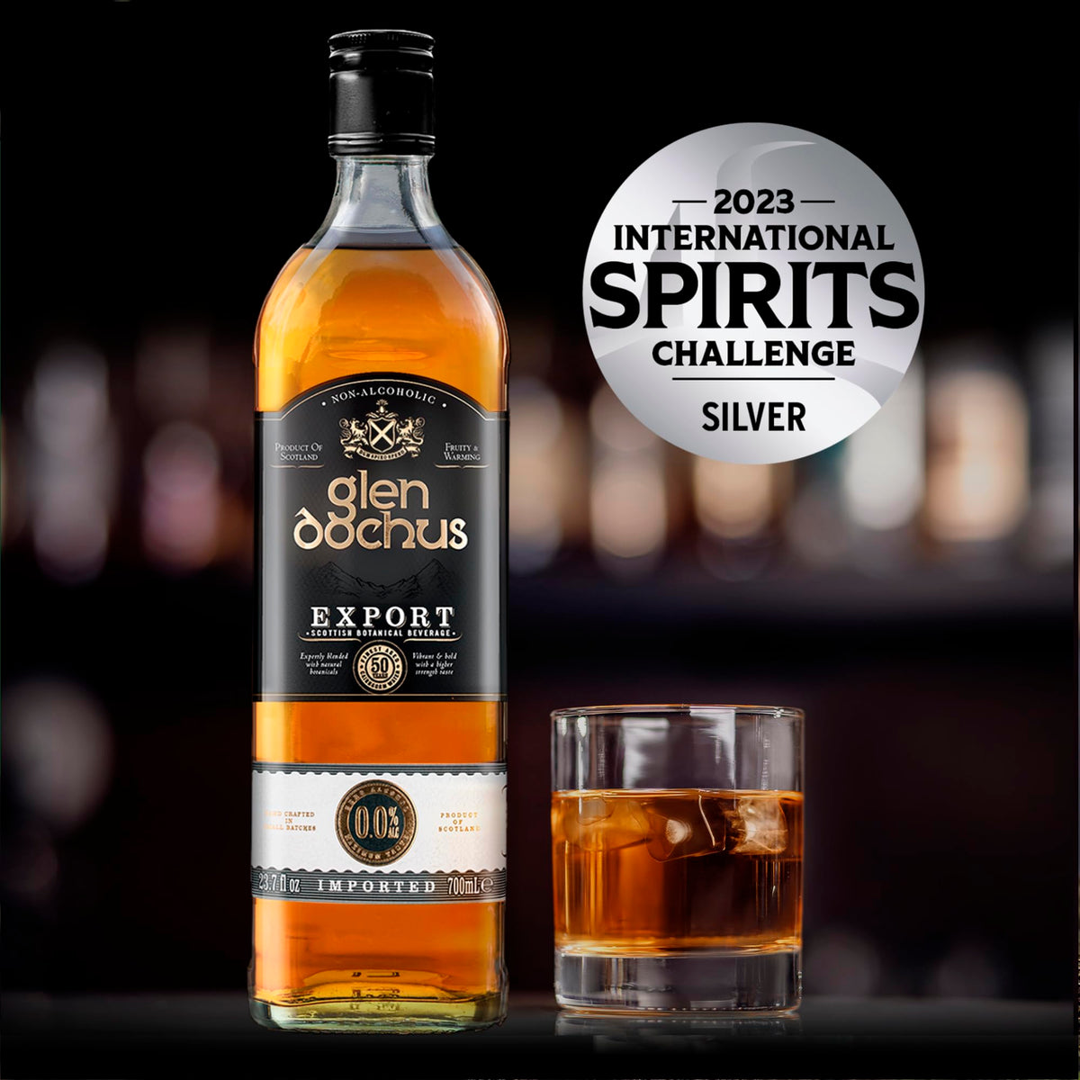 Glen Dochus Export Blend bottle angled, amber hue for warming autumn moments