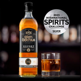 Glen Dochus Export Blend bottle angled, amber hue for warming autumn moments