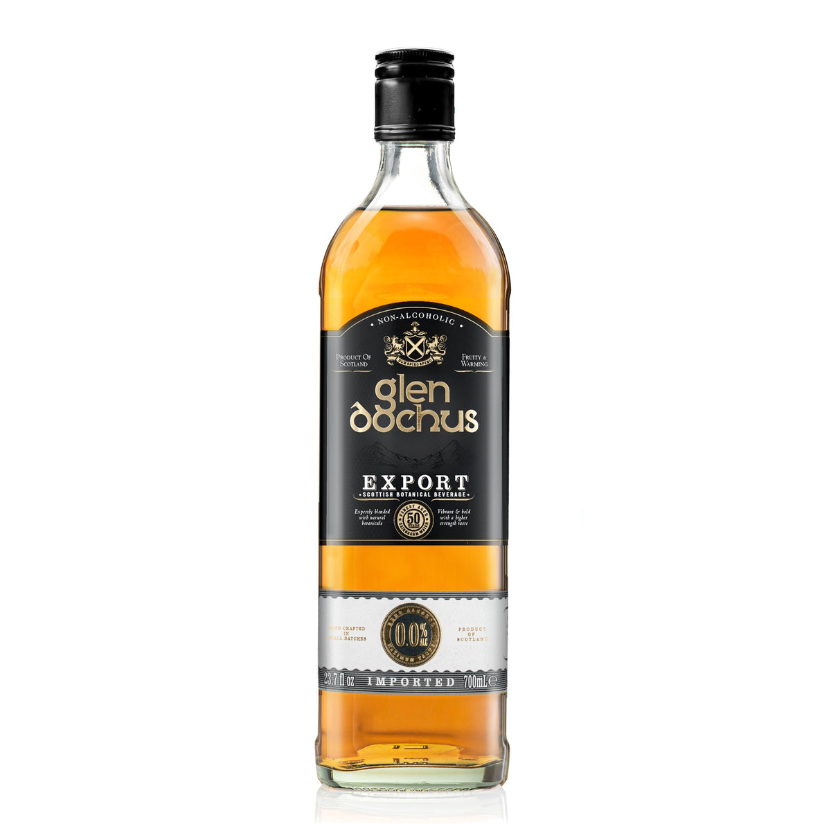 Glen Dochus Export Blend bottle front, premium non-alcoholic whiskey option for mindful sipping