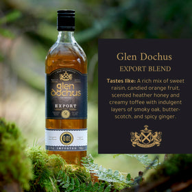 Glen Dochus Export Blend glass pour, showcasing rich raisin and toffee flavors