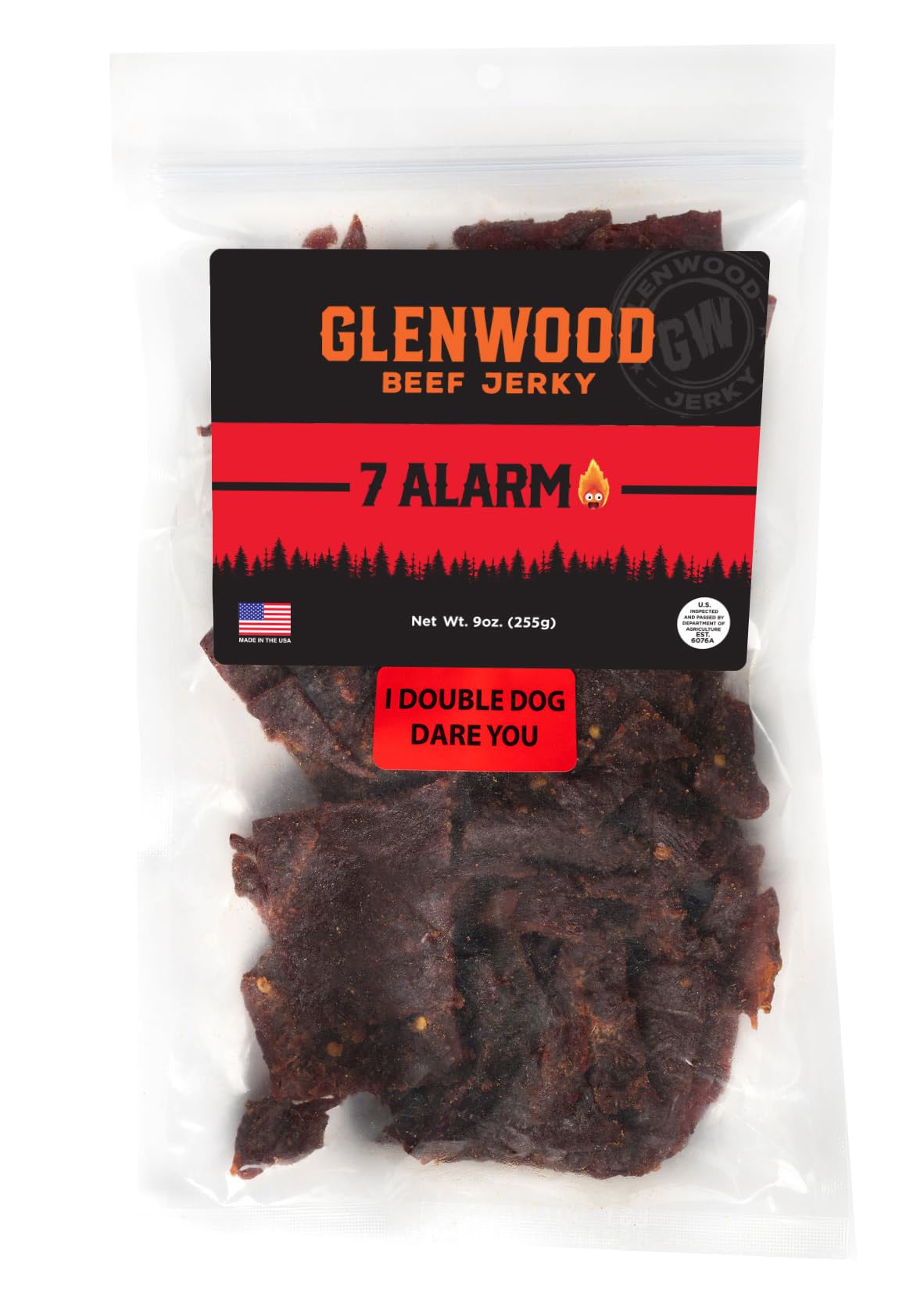Glenwood Snacks 7 ALARM jerky front packaging shows bold heat and smoky aroma