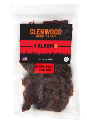 Glenwood Snacks 7 ALARM jerky front packaging shows bold heat and smoky aroma