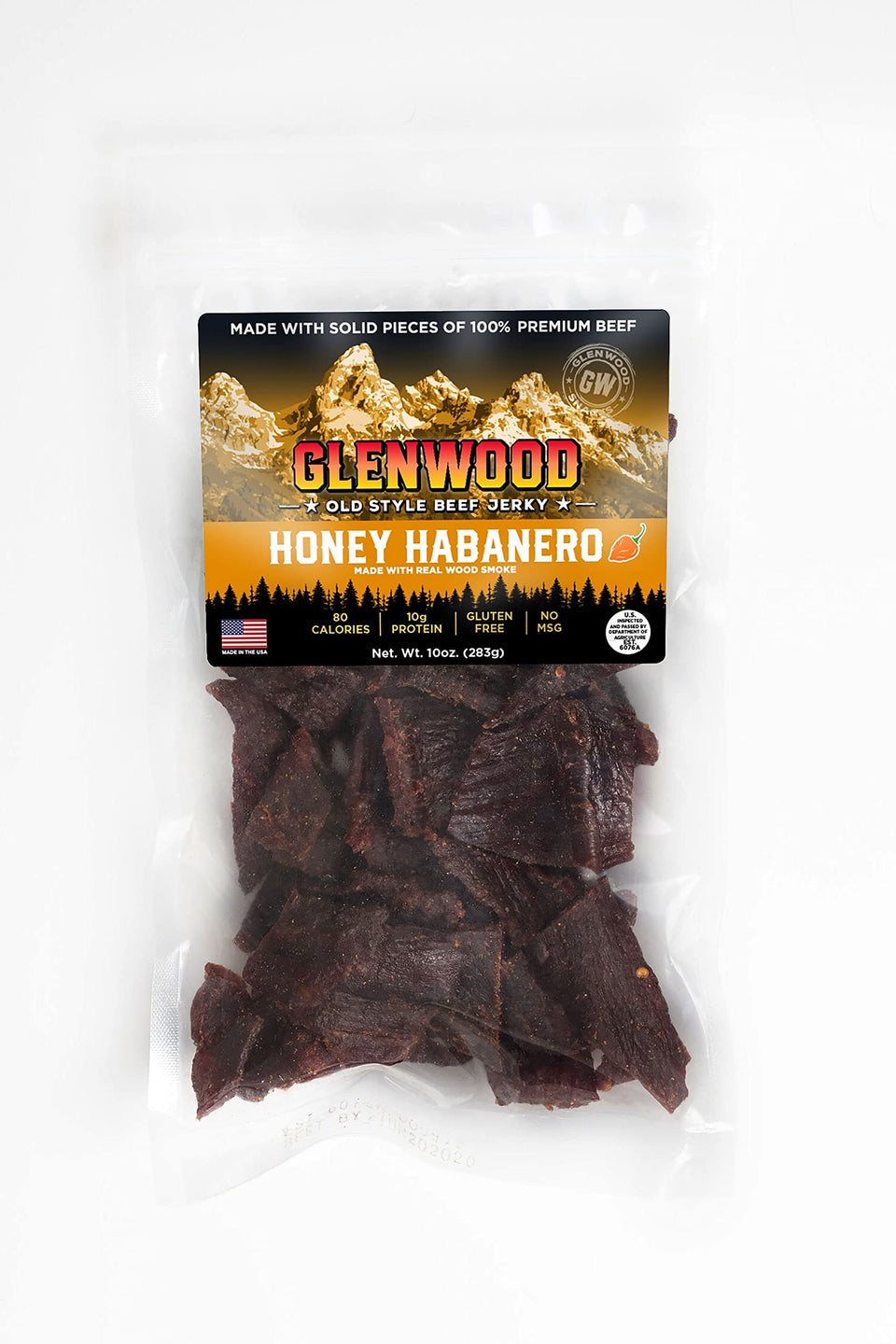 Glenwood Snacks Honey Habanero jerky packaging shows premium beef and bold flavor.