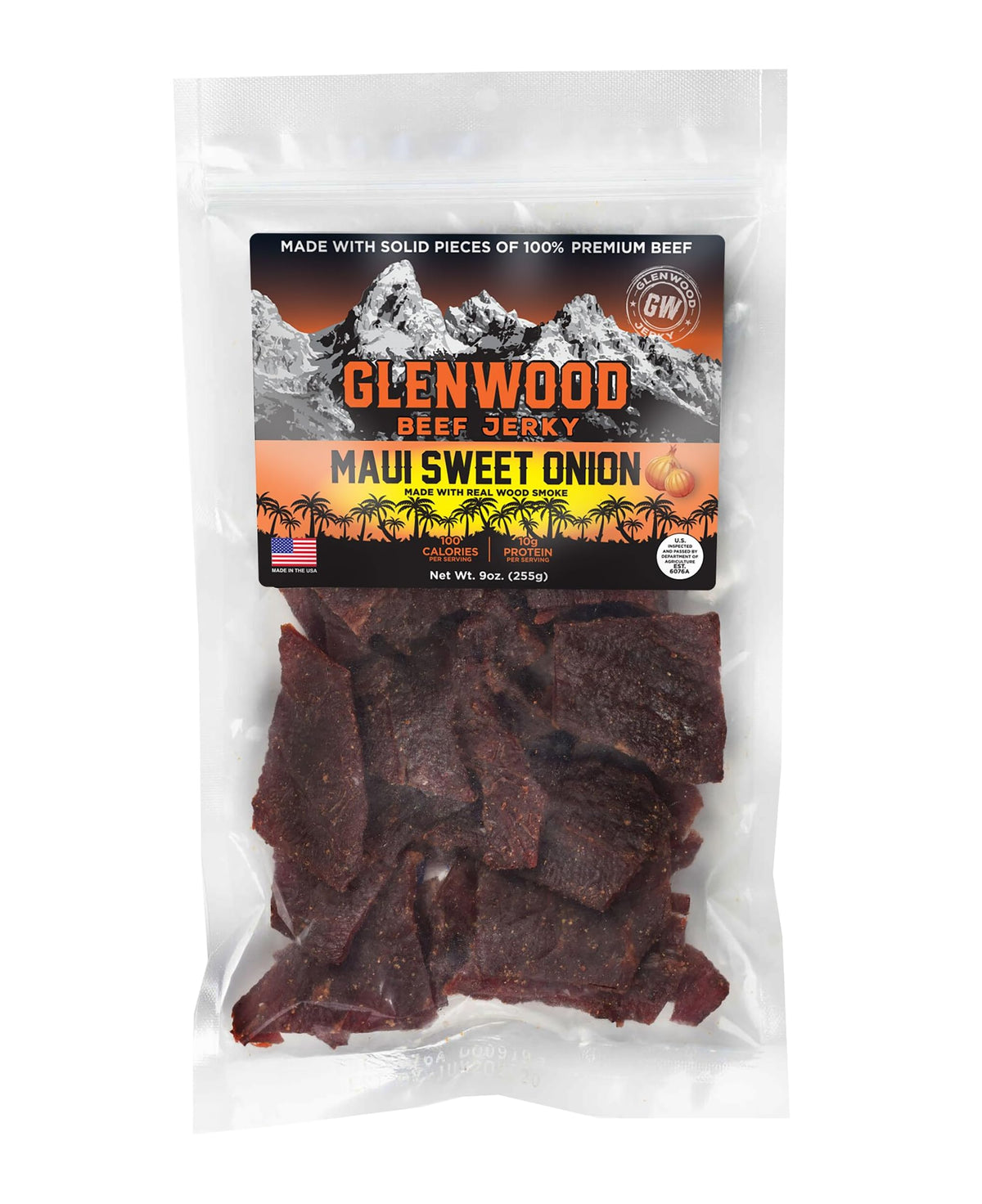 Glenwood Snacks Maui Sweet Onion jerky pack front view, highlighting premium protein on the go.