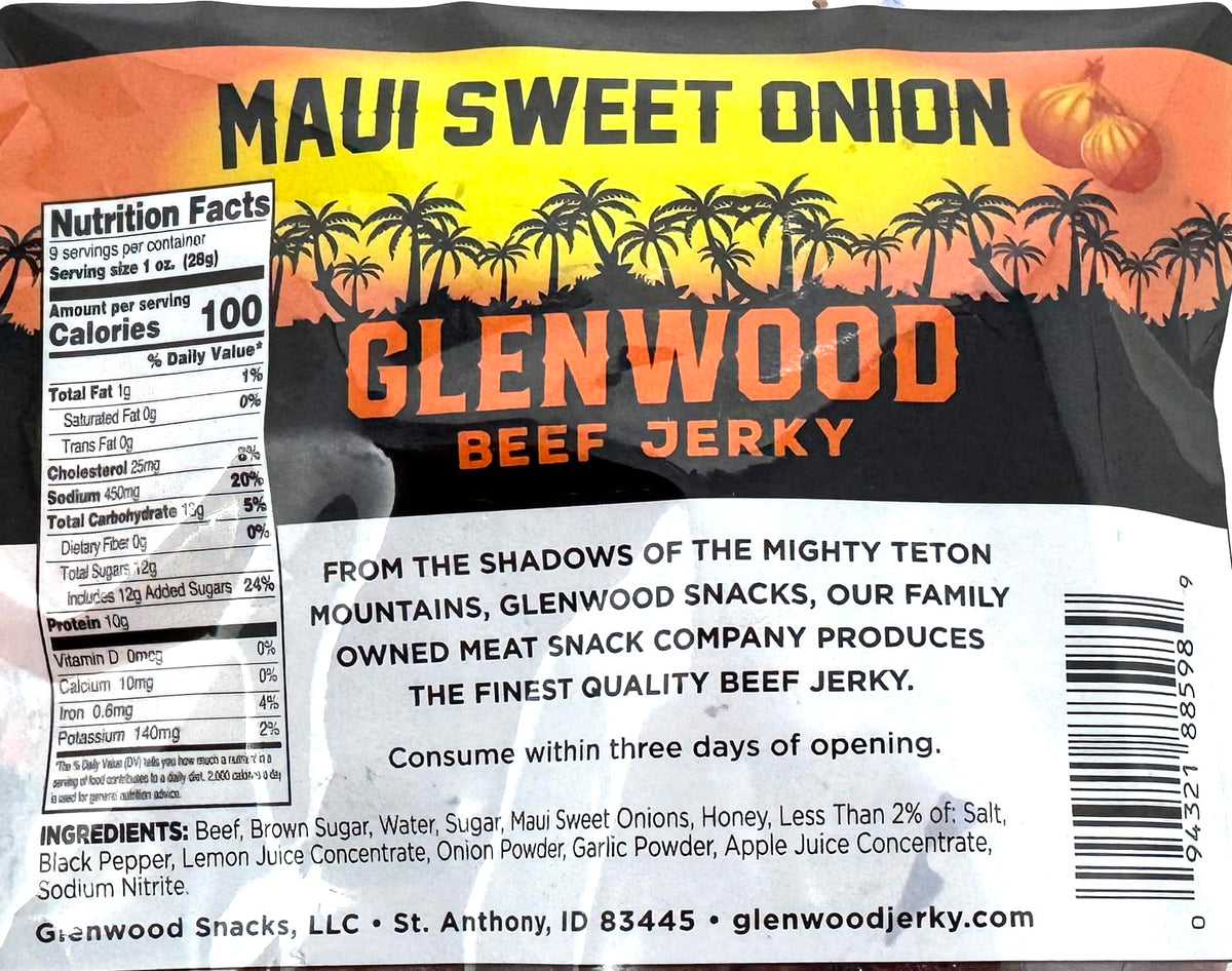 Glenwood Maui Sweet Onion jerky texture close-up showcasing tender, flavorful beef bite.