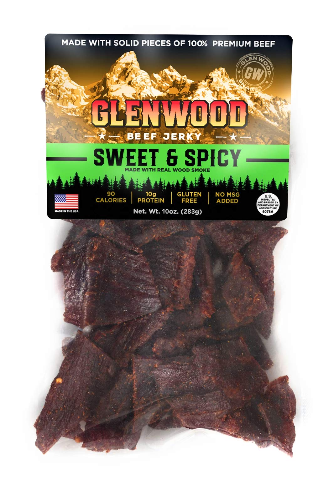 Glenwood Snacks Sweet & Spicy jerky bag closeup, protein-packed snack for active days