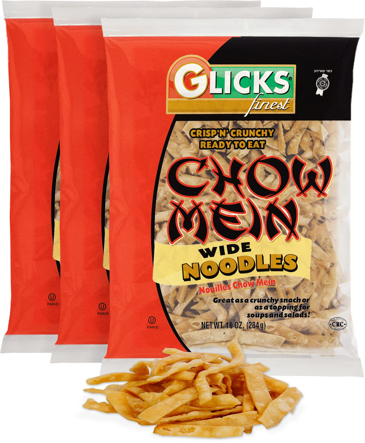 Glicks Wide Chow Mein noodles in bag, crisp texture ideal for soups, salads, or snacking.
