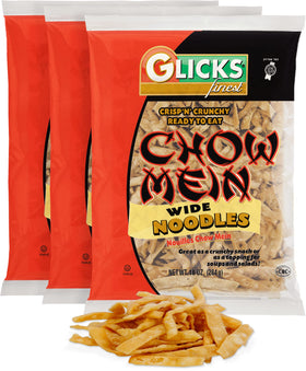 Glicks Wide Chow Mein noodles in bag, crisp texture ideal for soups, salads, or snacking.