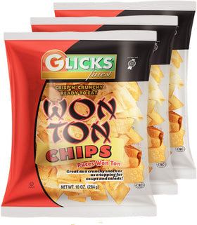 Glicks Wonton Chips 10oz pack front view, crispy snack anytime