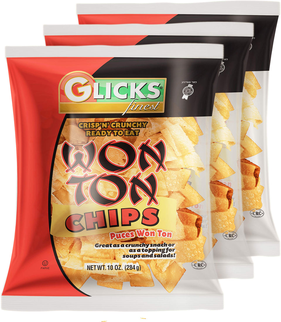Glicks Wonton Chips 10oz pack front view, crispy snack anytime