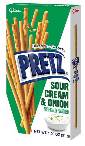 Glico Pretz Sour Cream & Onion crisp sticks ready to bite.
