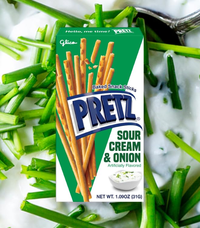 Glico Pretz Sour Cream & Onion in hand for on the go snacking.