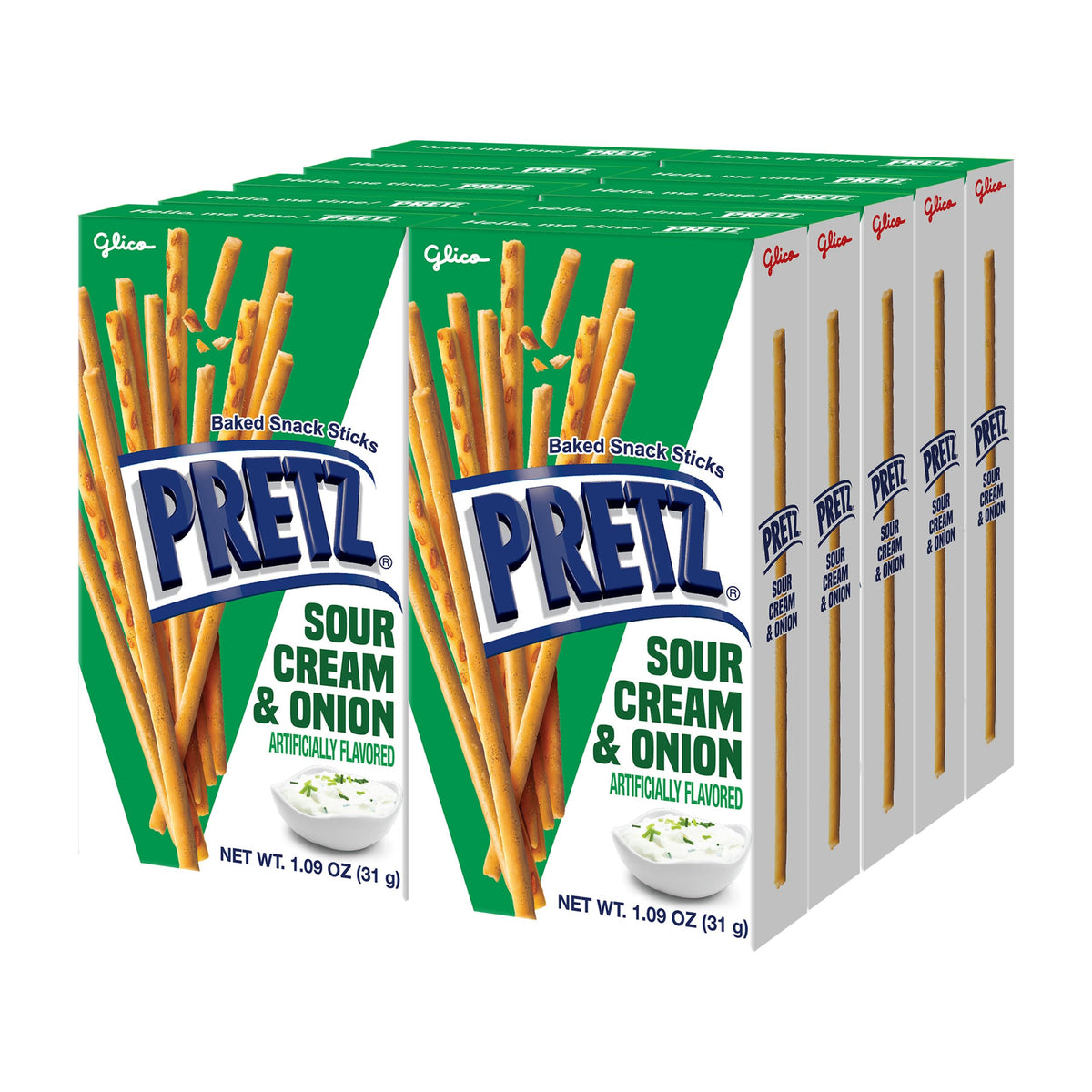 Glico Pretz Sour Cream & Onion pack-10, convenient on-the-go snack.