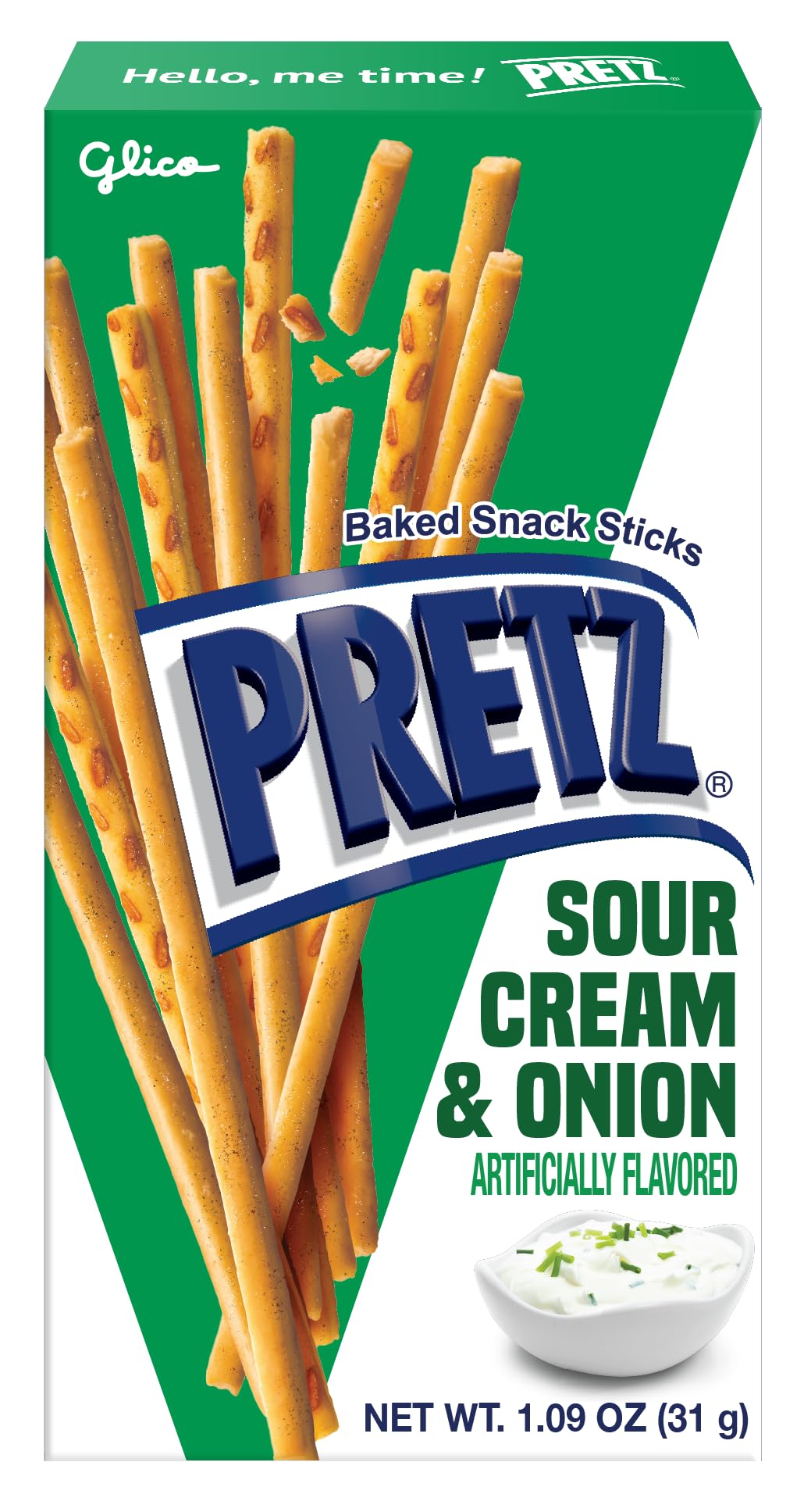Glico Pretz Sour Cream & Onion sealed pack close-up shows freshness.