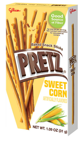 Glico Pretz Sweet Corn crisp close-up highlighting crunchy texture