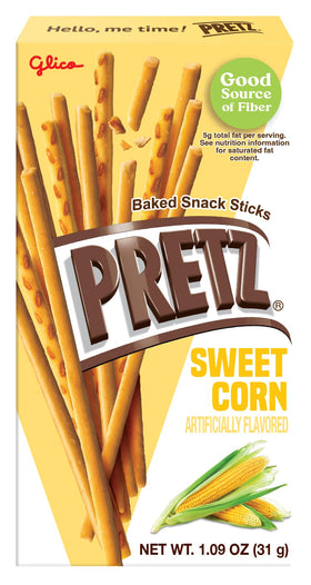 Glico Pretz Sweet Corn pack back with product details and ingredients