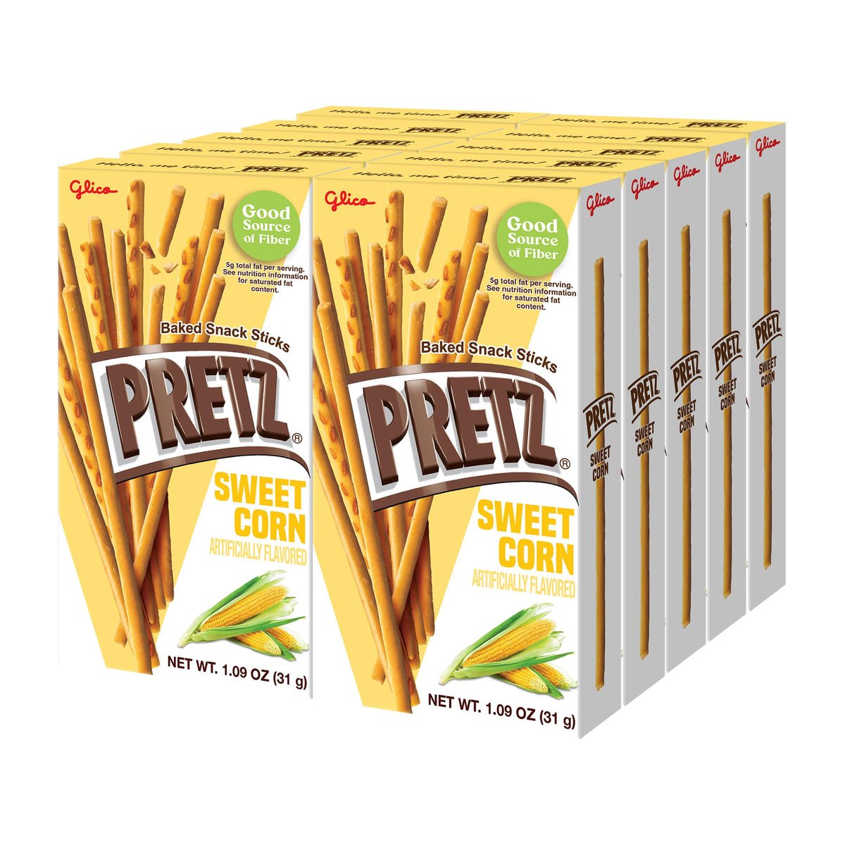 Glico Pretz Sweet Corn pack front showing 10-pack snack