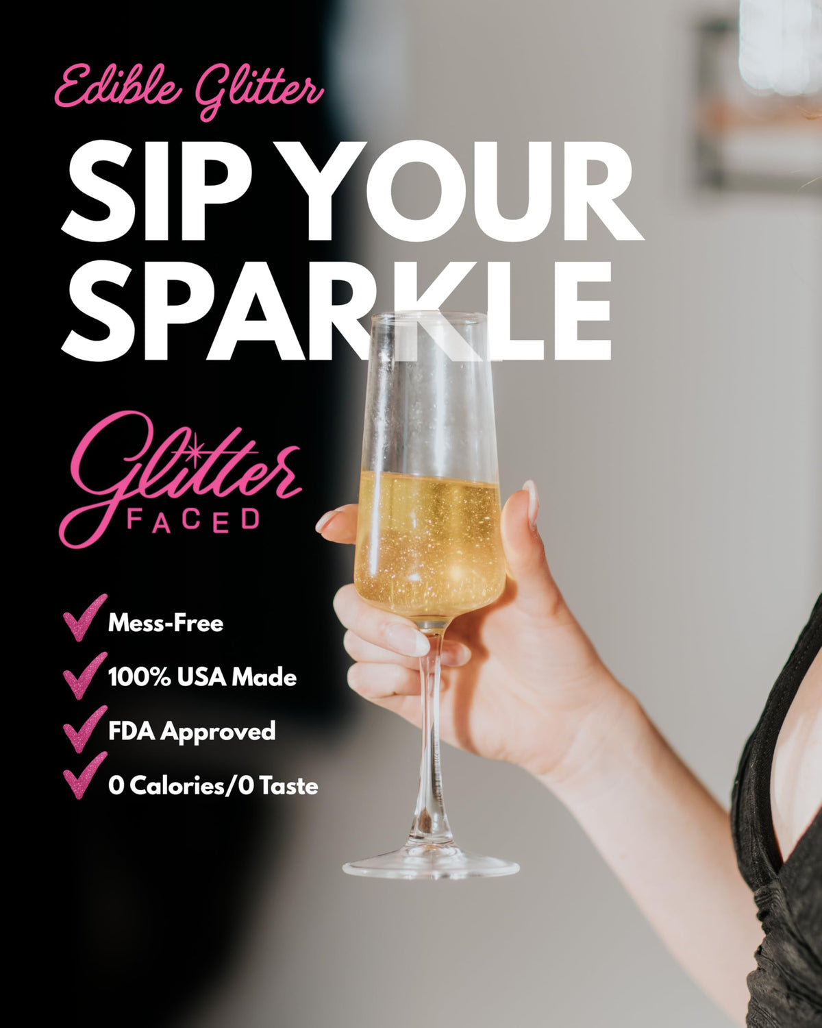 Glitter Faced drink glitter drops with built-in dropper for quick, clean use.